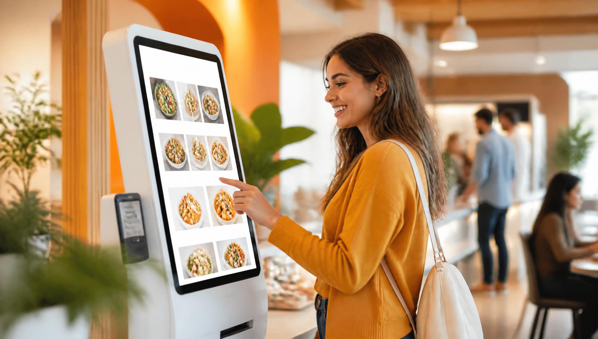 Restoranda self servis sipariş kiosku kullanan müşteri